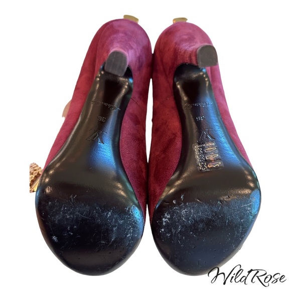 LOUIS VUITTON BURGUNDY SUEDE “OH REALLY” PEEP TOE LV PADLOCK GOLD HEEL PUMPS 36 - Picture 9 of 17